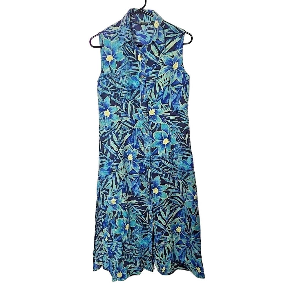 VTG Embassy Row 100% Silk Blue Tropical Sleeveless Shirt‎ Dress Womans Size 8P